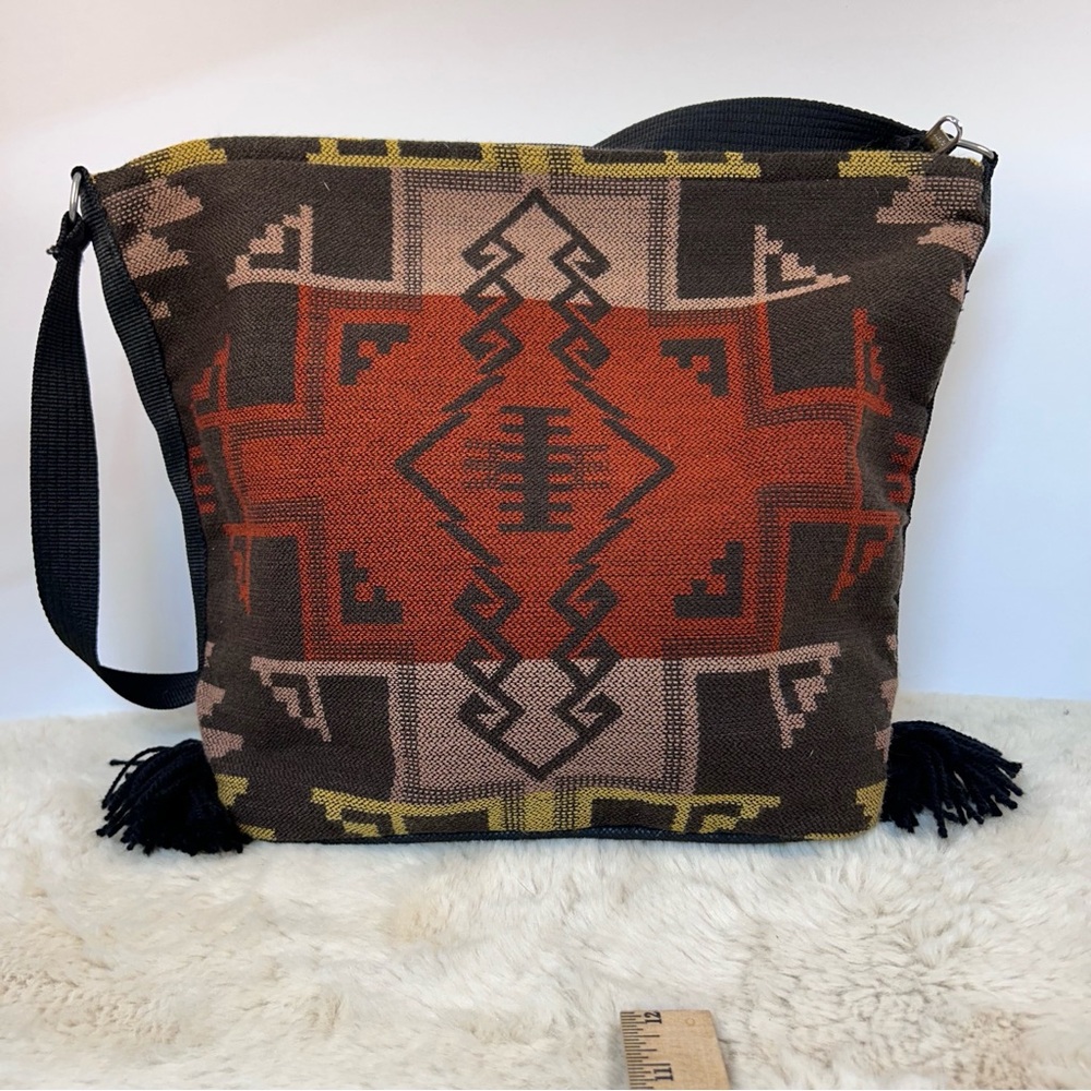 Red and Brown Geometric Crossbody Bag with Fringe